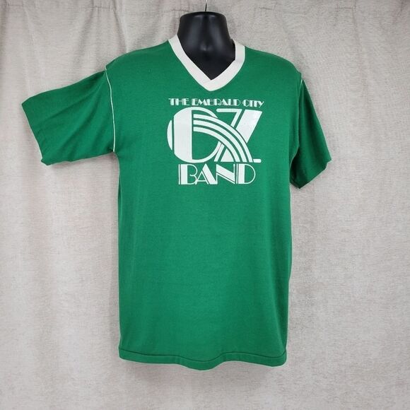 70s Single Stitch Green White Baseball Vneck Tee The Emerald City Oz Band Soccer - Picture 5 of 9